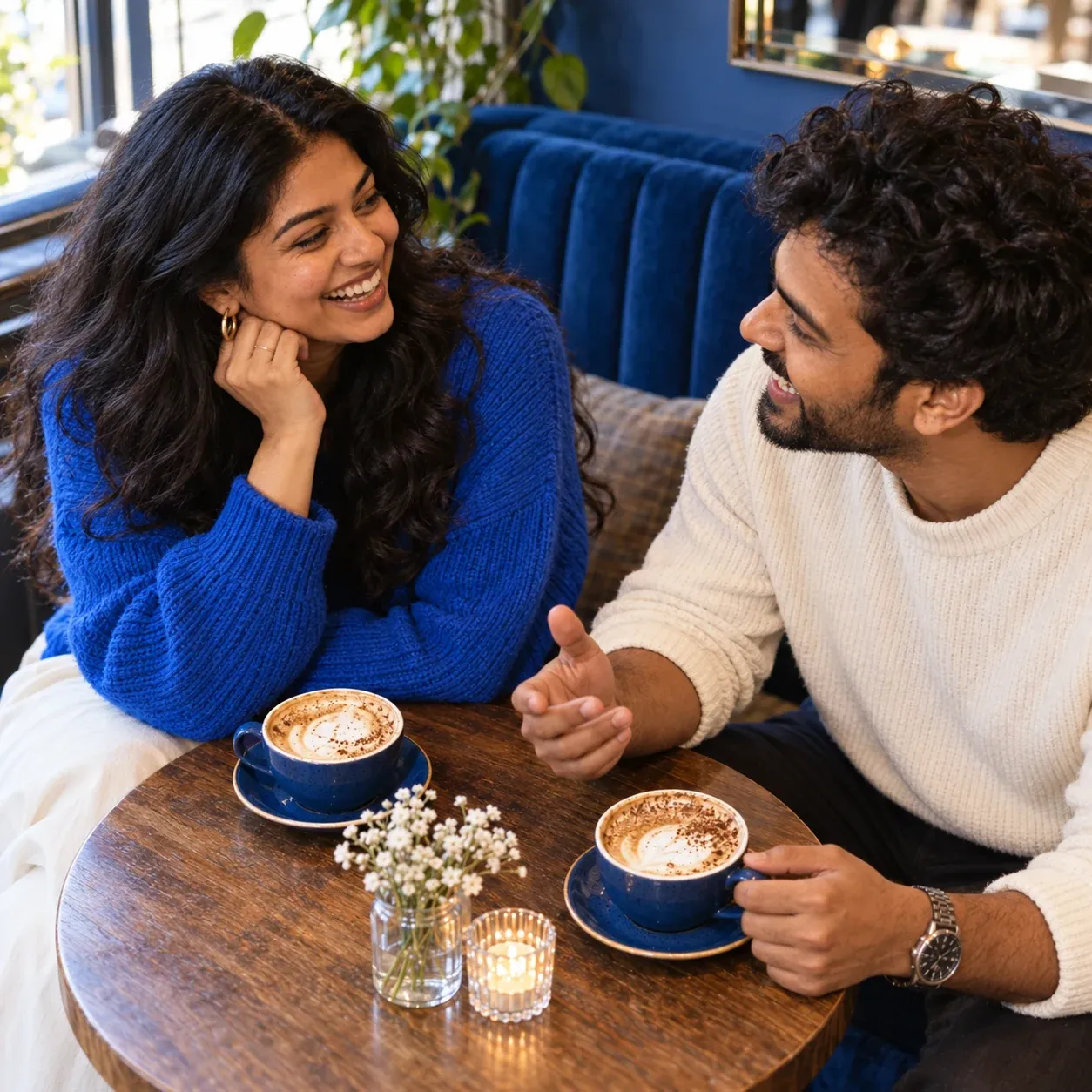 Two adults talking over coffee at a cafe.