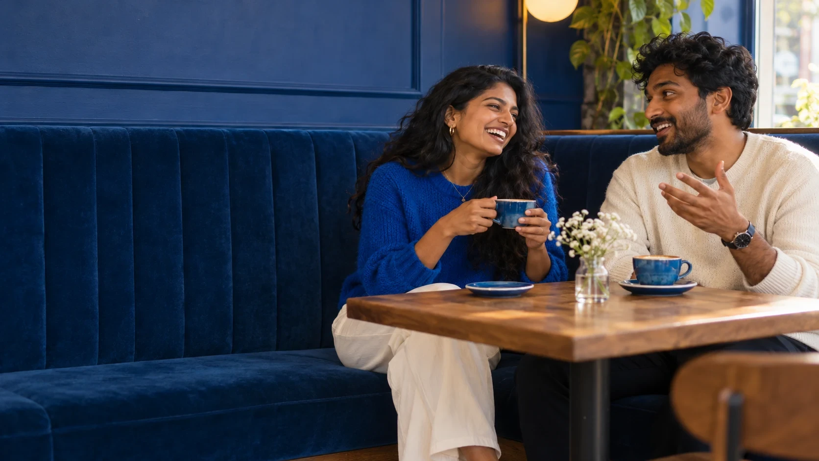 Two adults talking over coffee at a cafe.