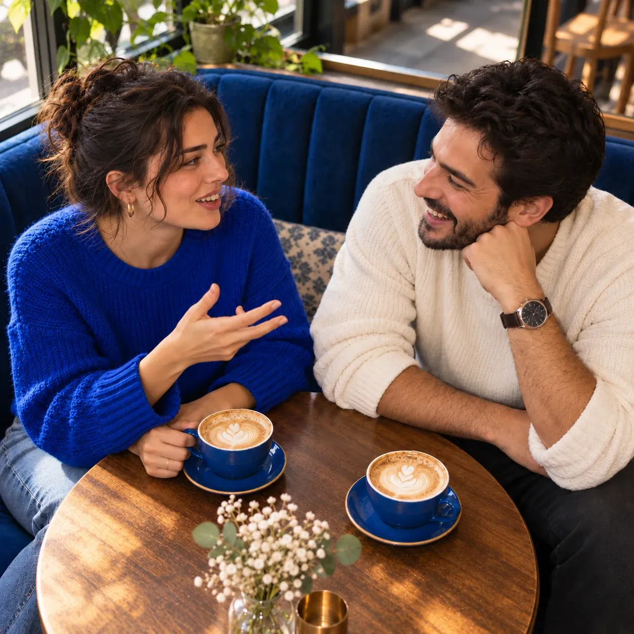 Two adults talking over coffee at a cafe.
