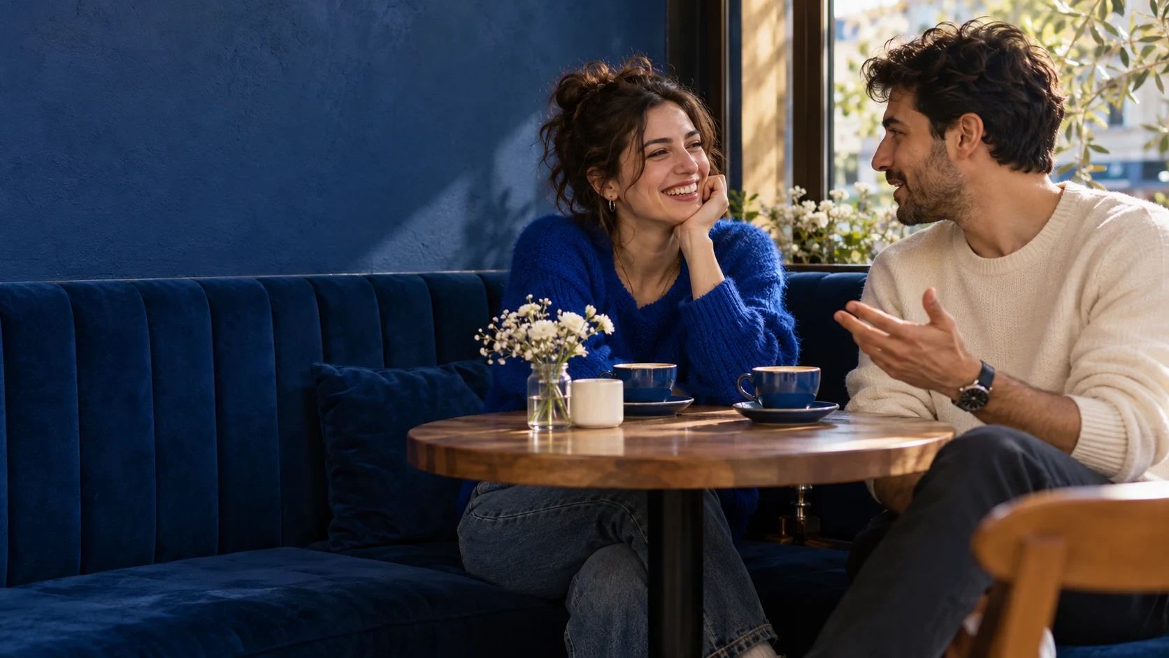 Two adults talking over coffee at a cafe.