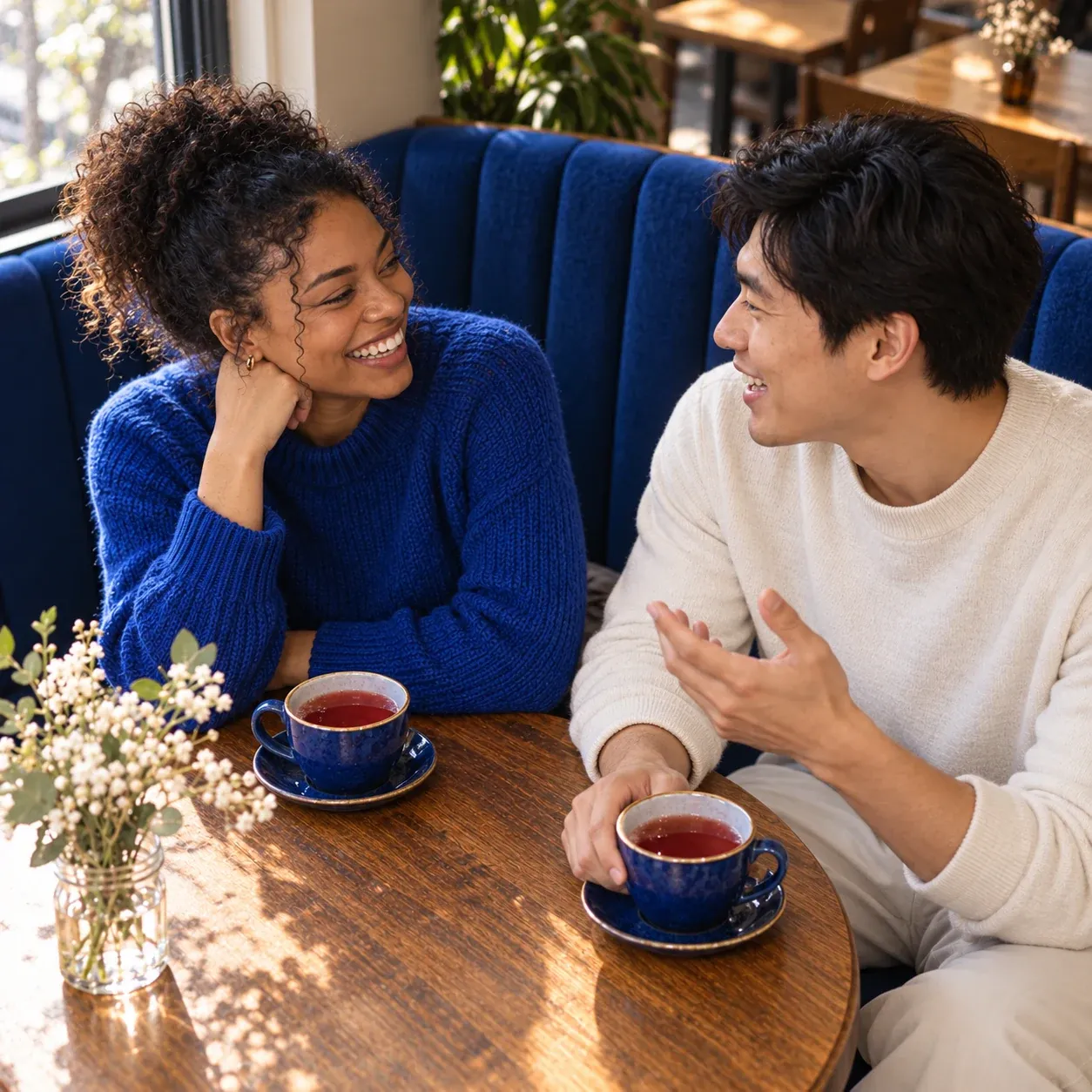 Two adults talking over coffee at a cafe.