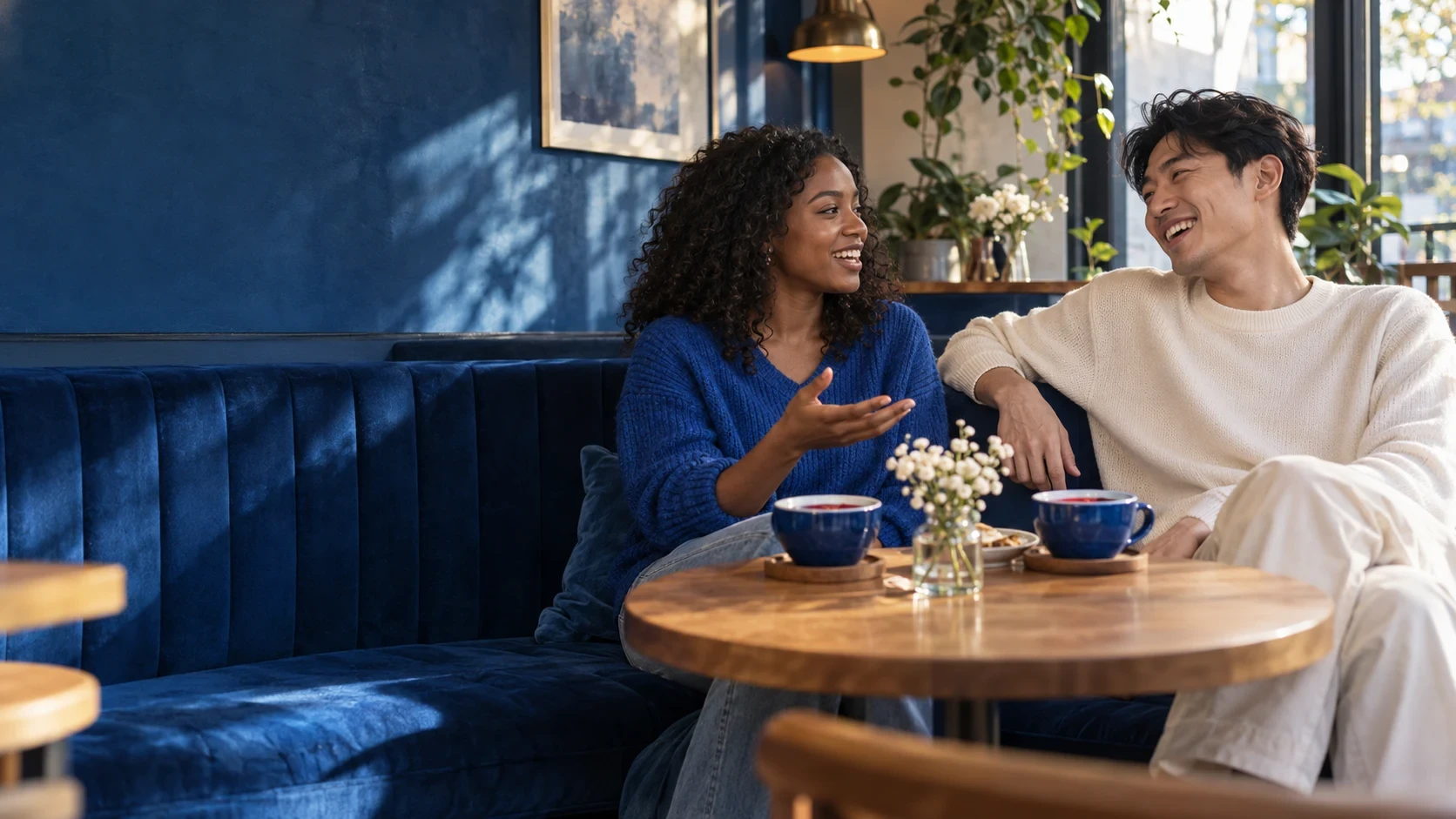 Two adults talking over coffee at a cafe.