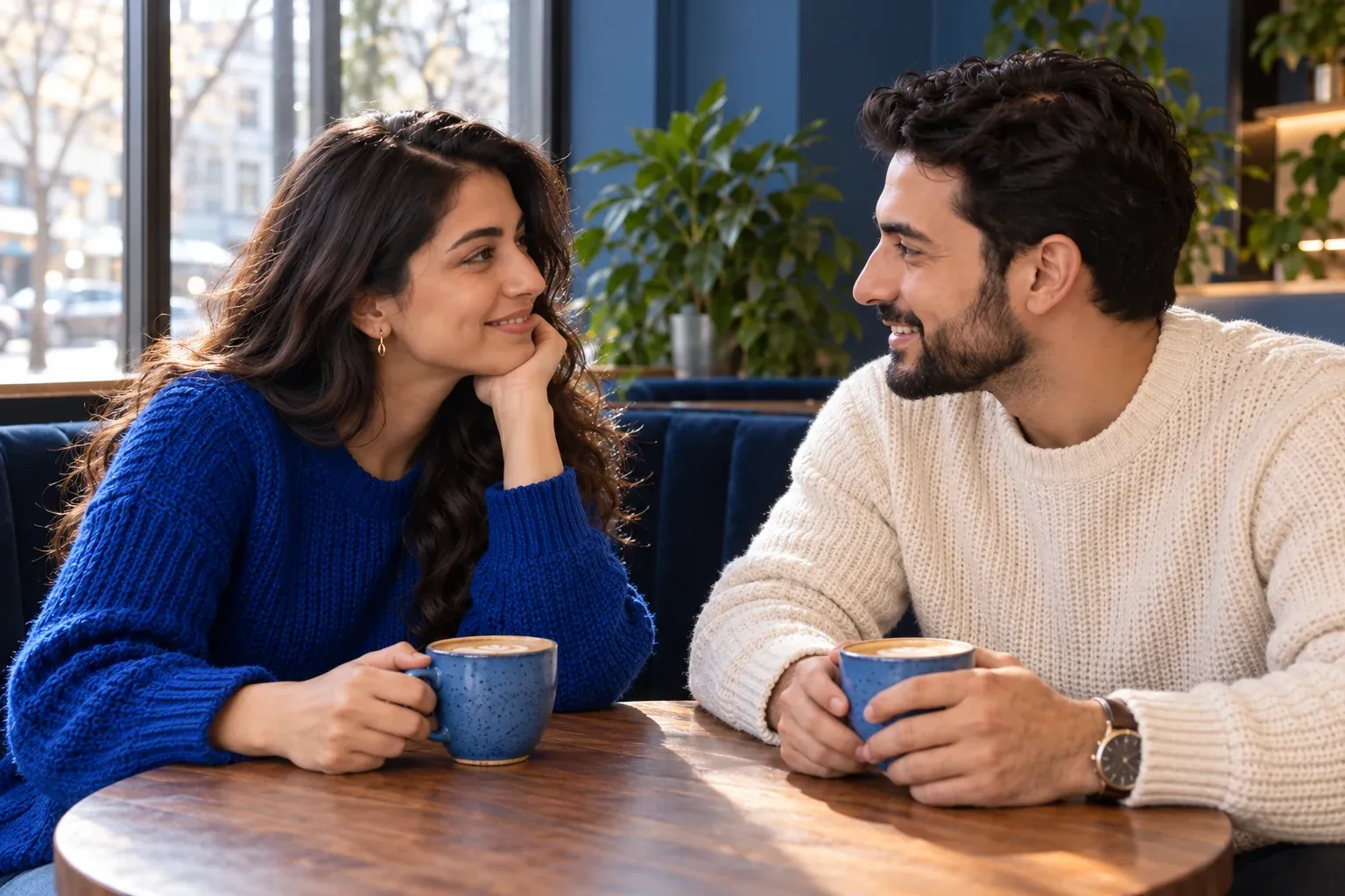 Two adults talking over coffee at a cafe.