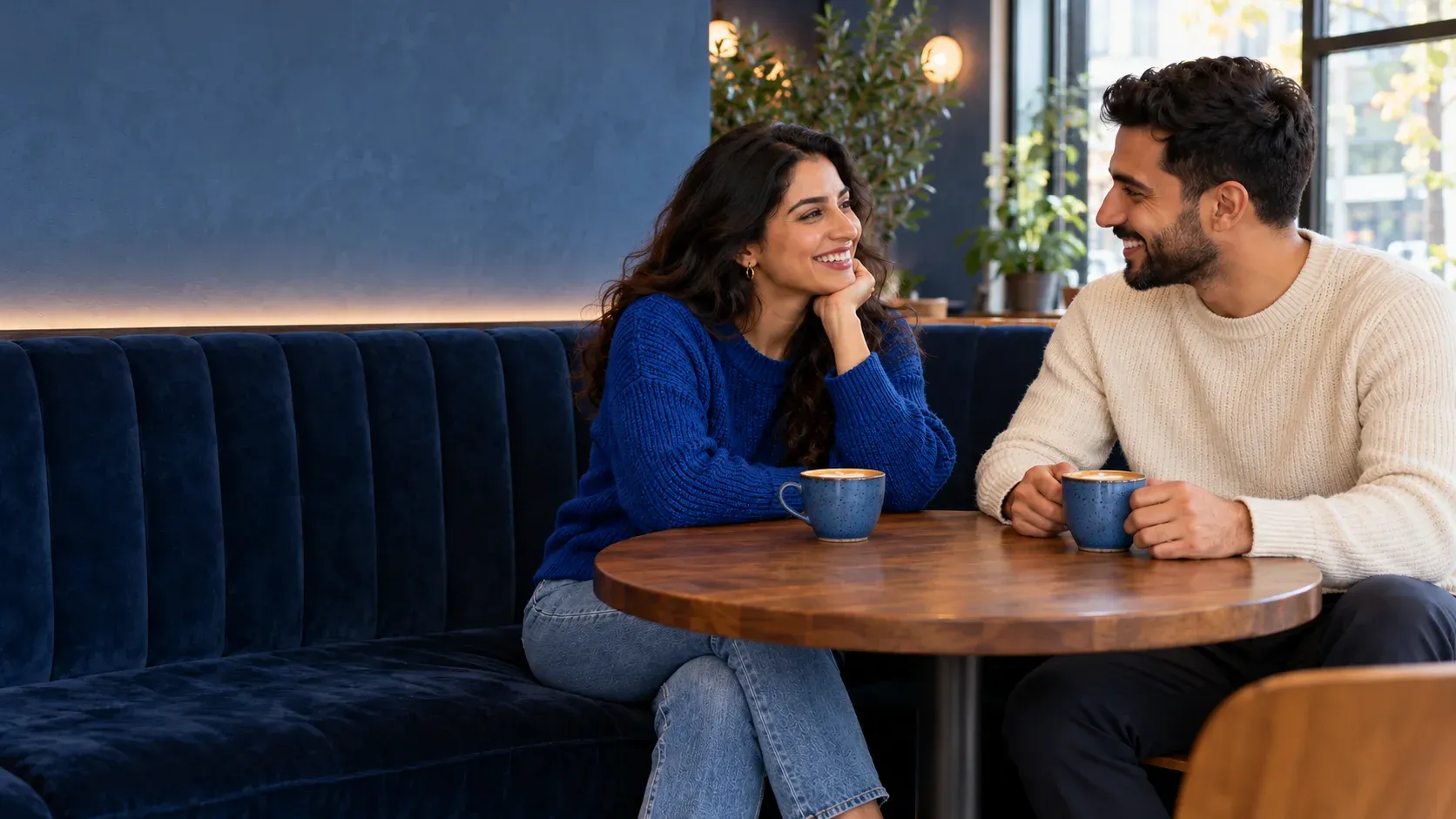 Two adults talking over coffee at a cafe.