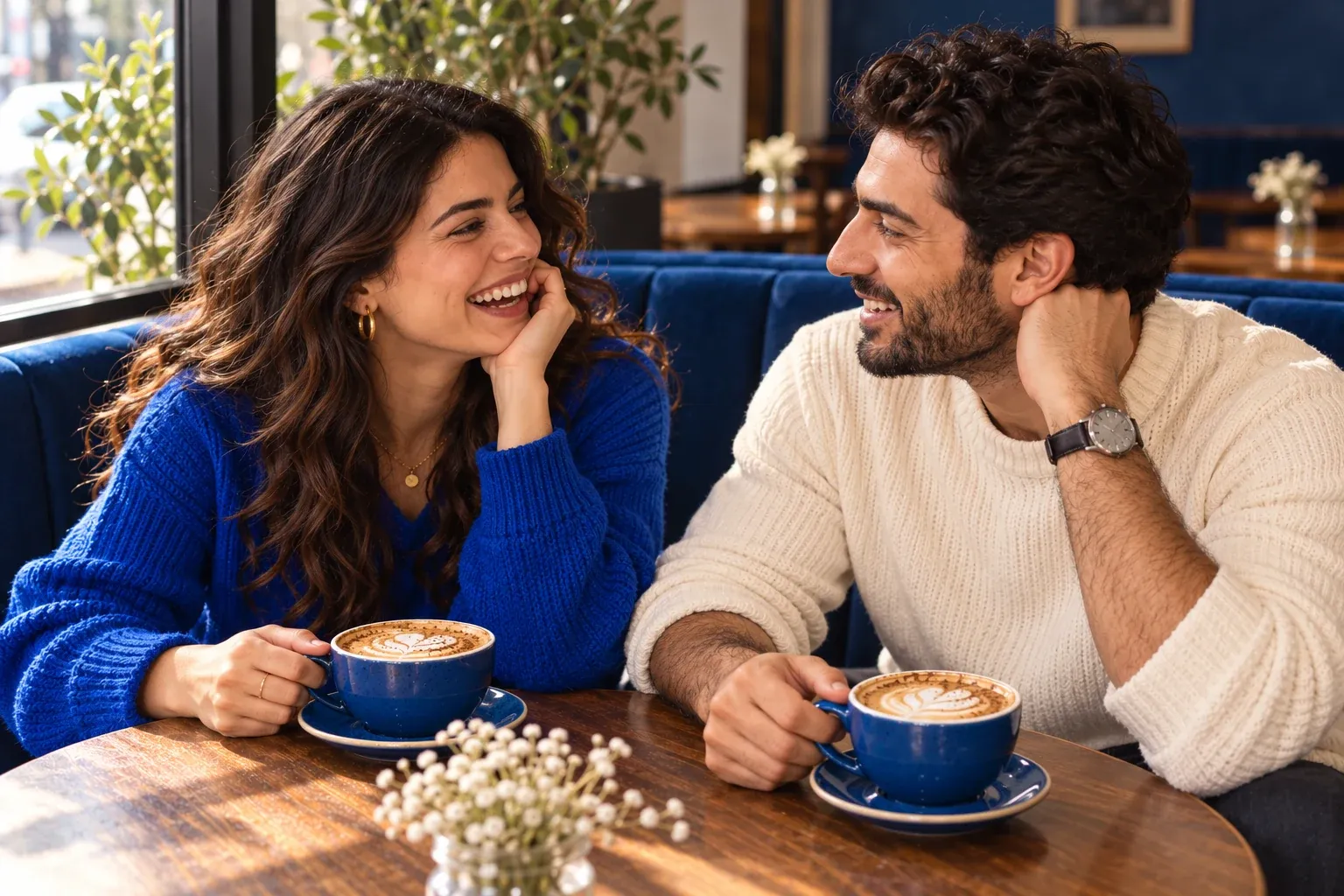 Two adults talking over coffee at a cafe.