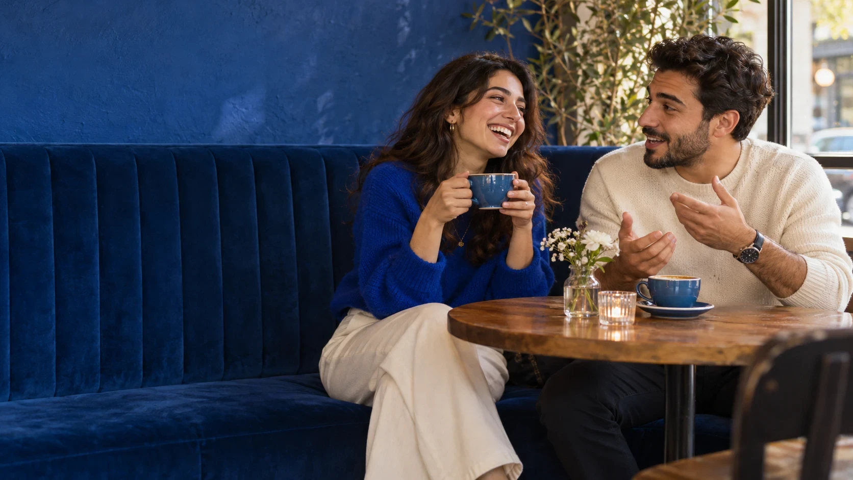 Two adults talking over coffee at a cafe.