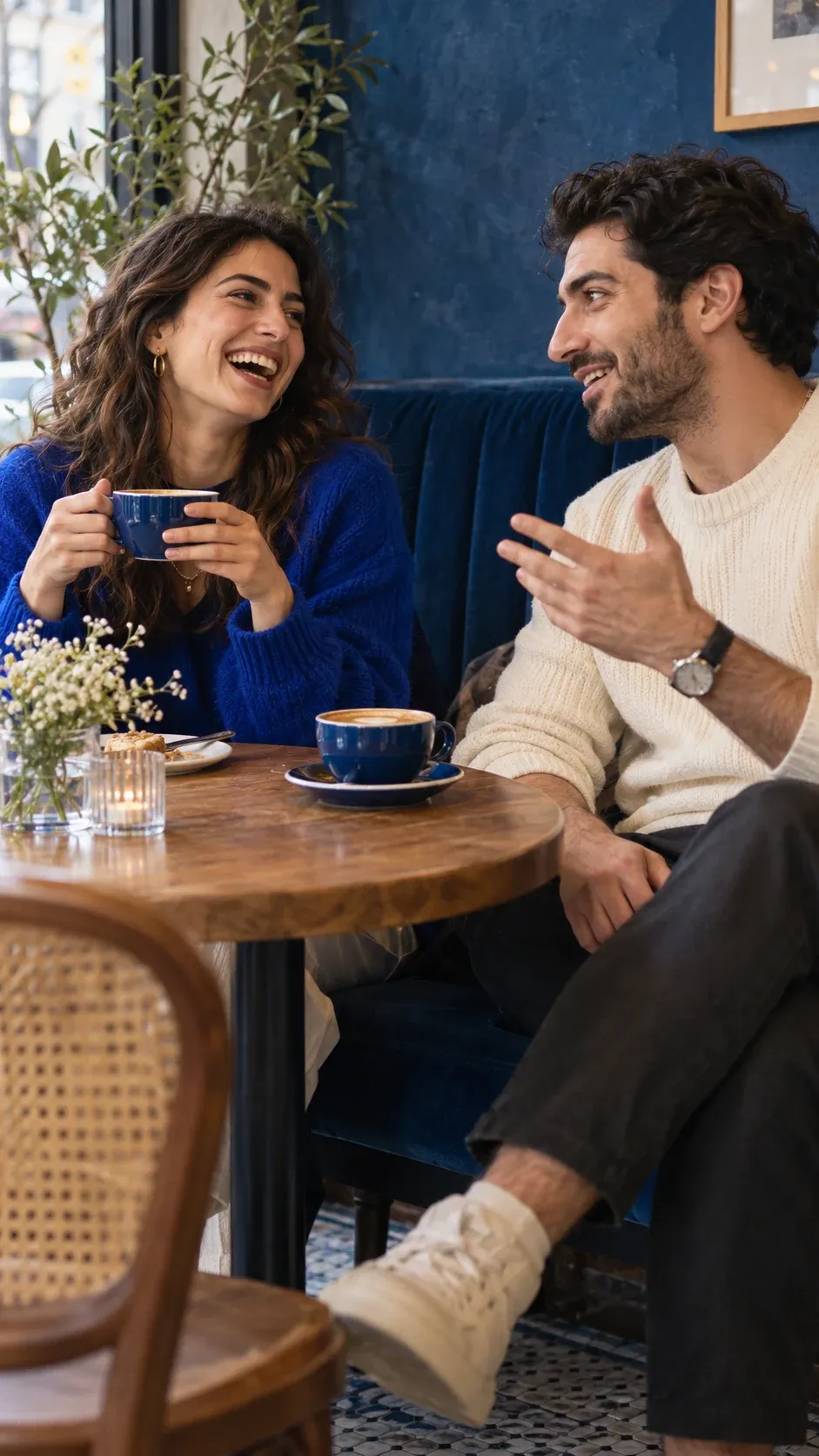 Two adults talking over coffee at a cafe.