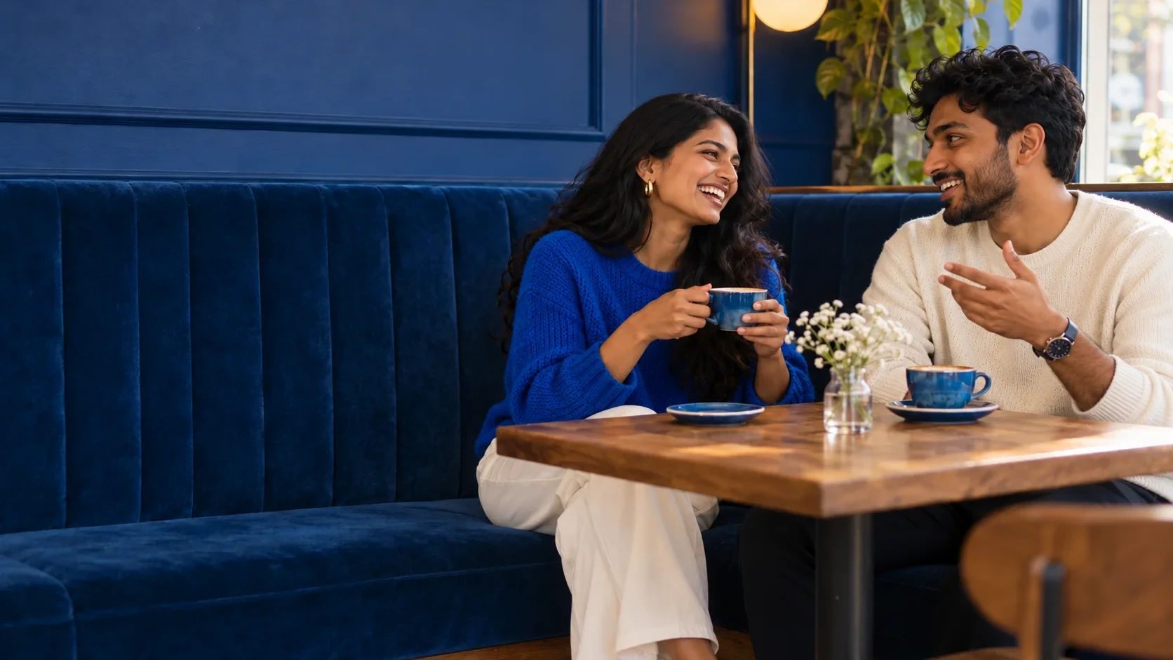 Two adults talking over coffee at a cafe.