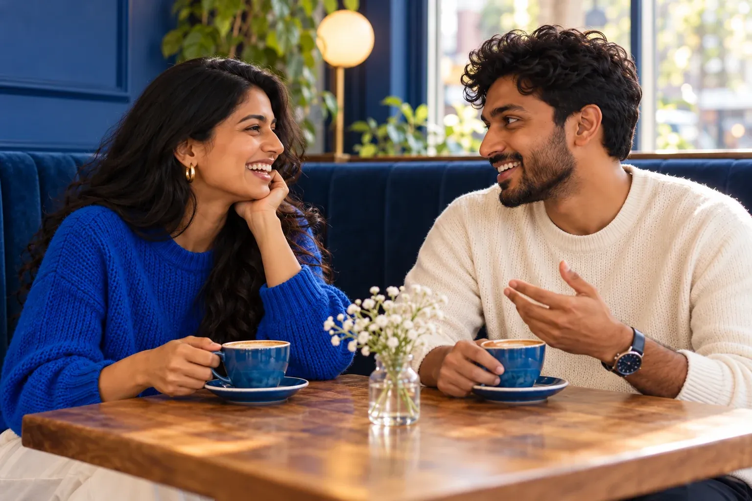 Two adults talking over coffee at a cafe.