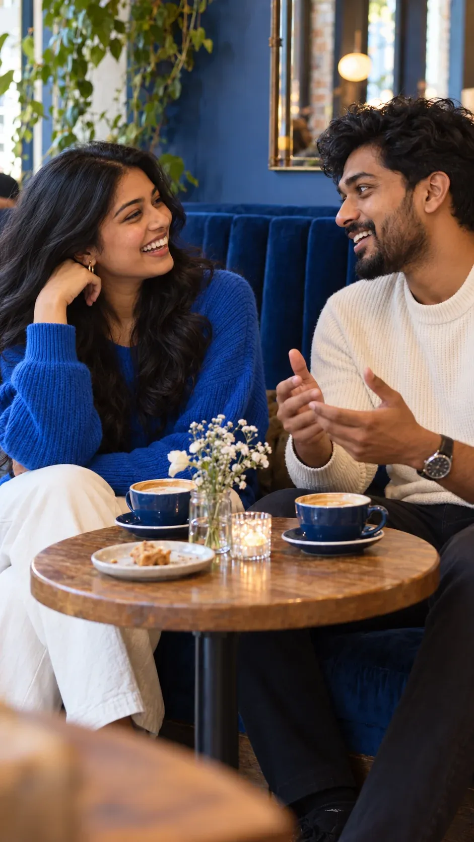 Two adults talking over coffee at a cafe.