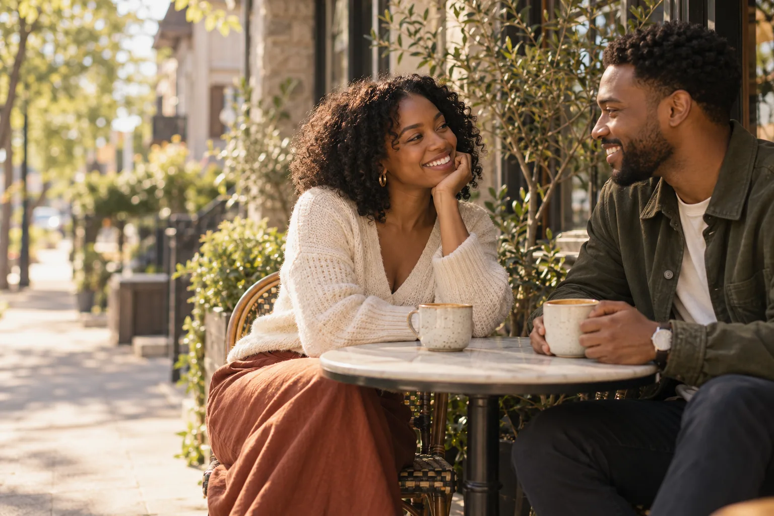 An illustrative one-to-one coffee date at a neighbourhood café.
