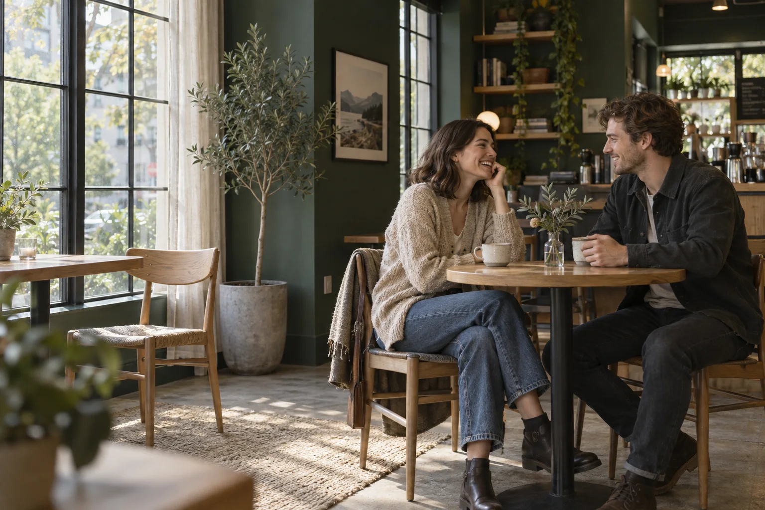 An illustrative one-to-one coffee date at a neighbourhood café.