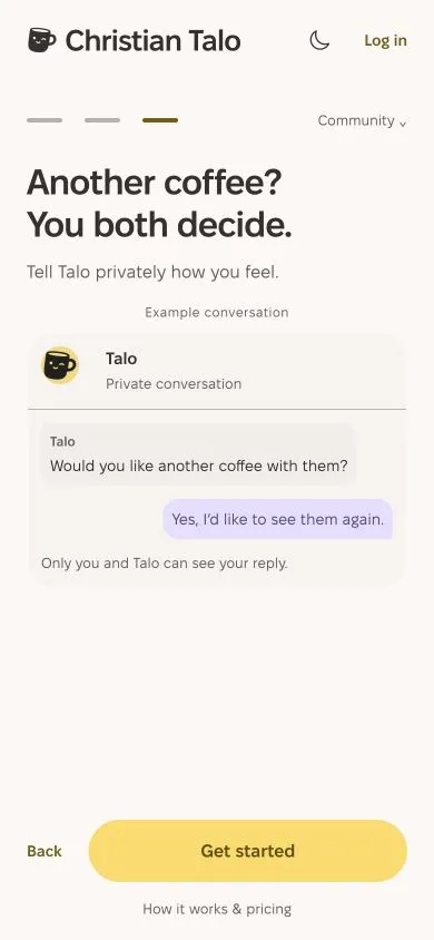 Actual Expo Welcome screen: replying privately after a coffee date.