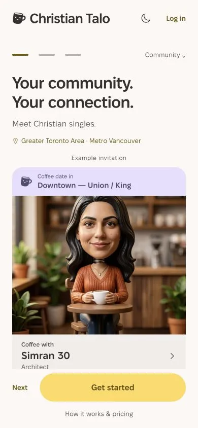 Actual Expo Welcome screen: a fictional Christian introduction and its meeting area.
