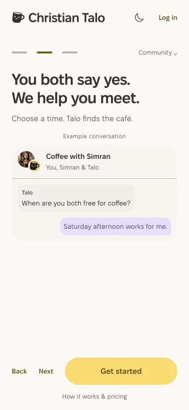 Actual Expo Welcome screen: arranging a local coffee with the concierge.