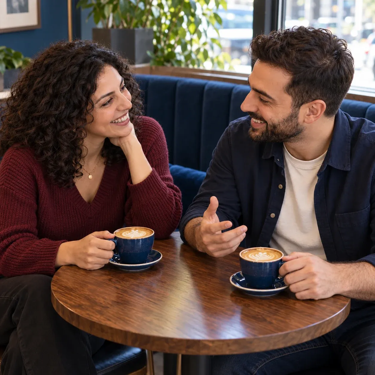 Two adults talking over coffee at a cafe.