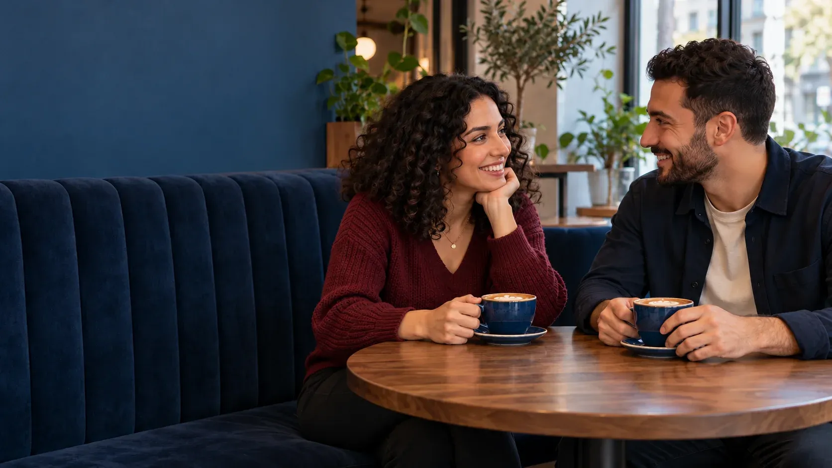 Two adults talking over coffee at a cafe.