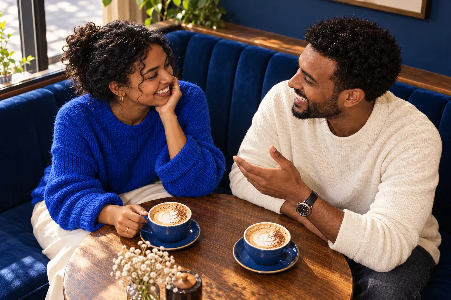Two adults talking over coffee at a cafe.