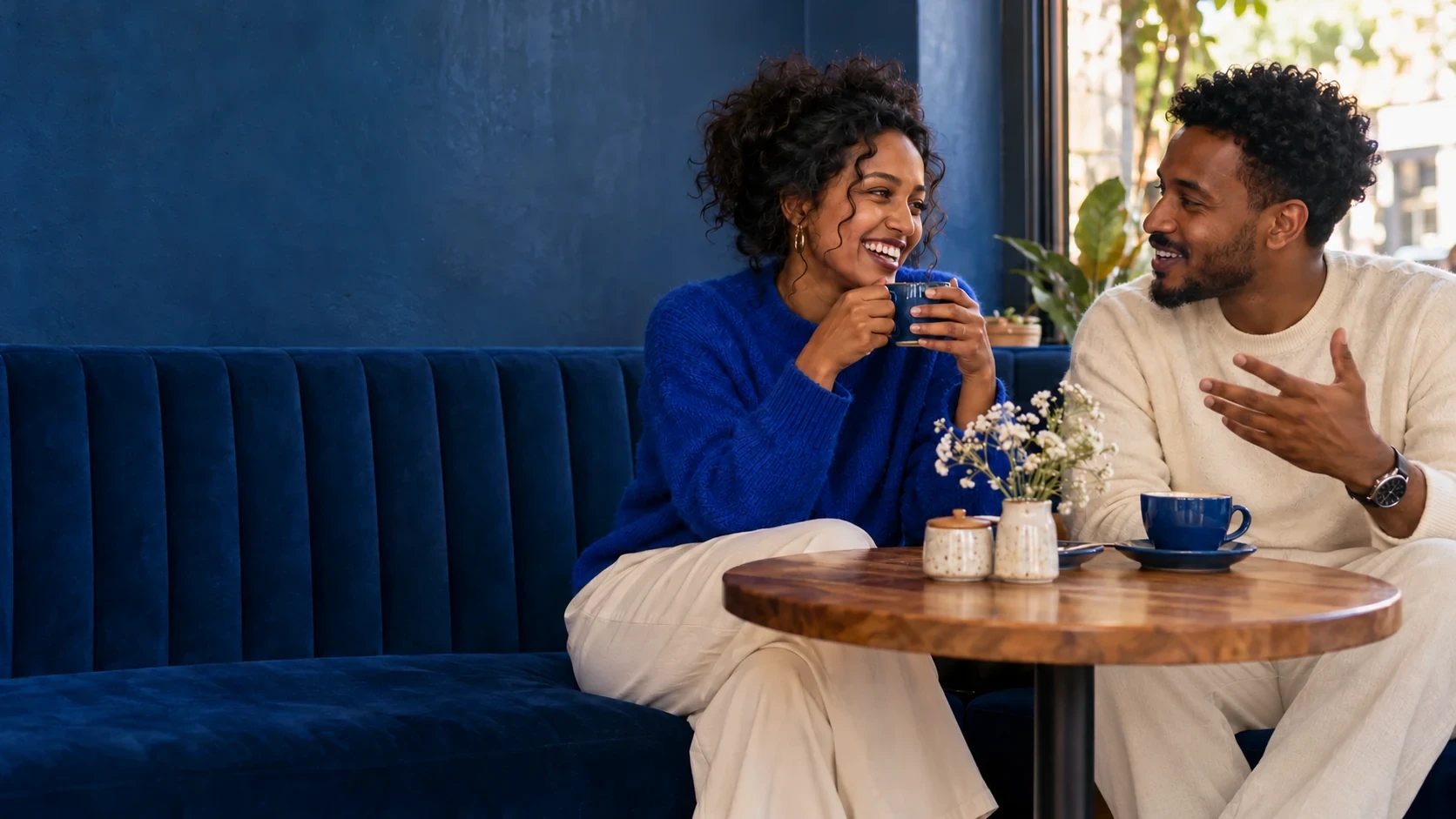 Two adults talking over coffee at a cafe.