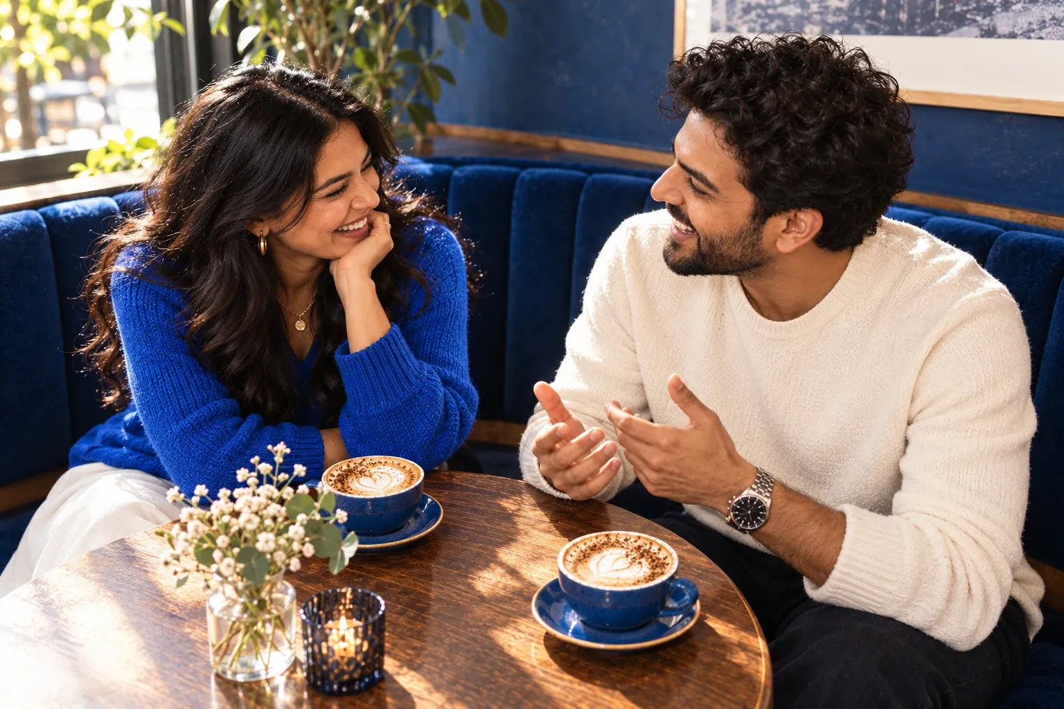 Two adults talking over coffee at a cafe.