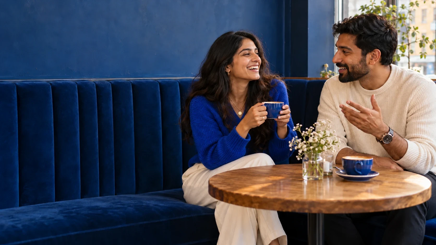 Two adults talking over coffee at a cafe.