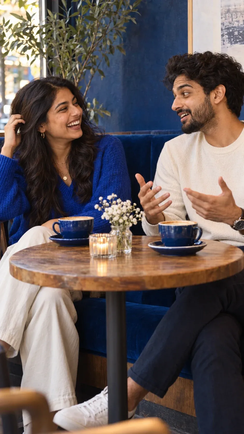 Two adults talking over coffee at a cafe.