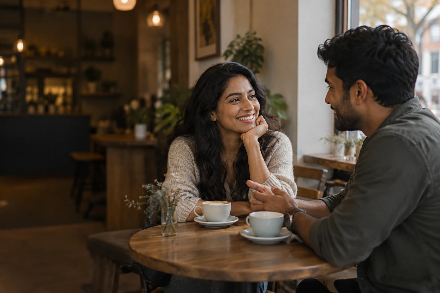 An illustrative one-to-one coffee date at a neighbourhood café.