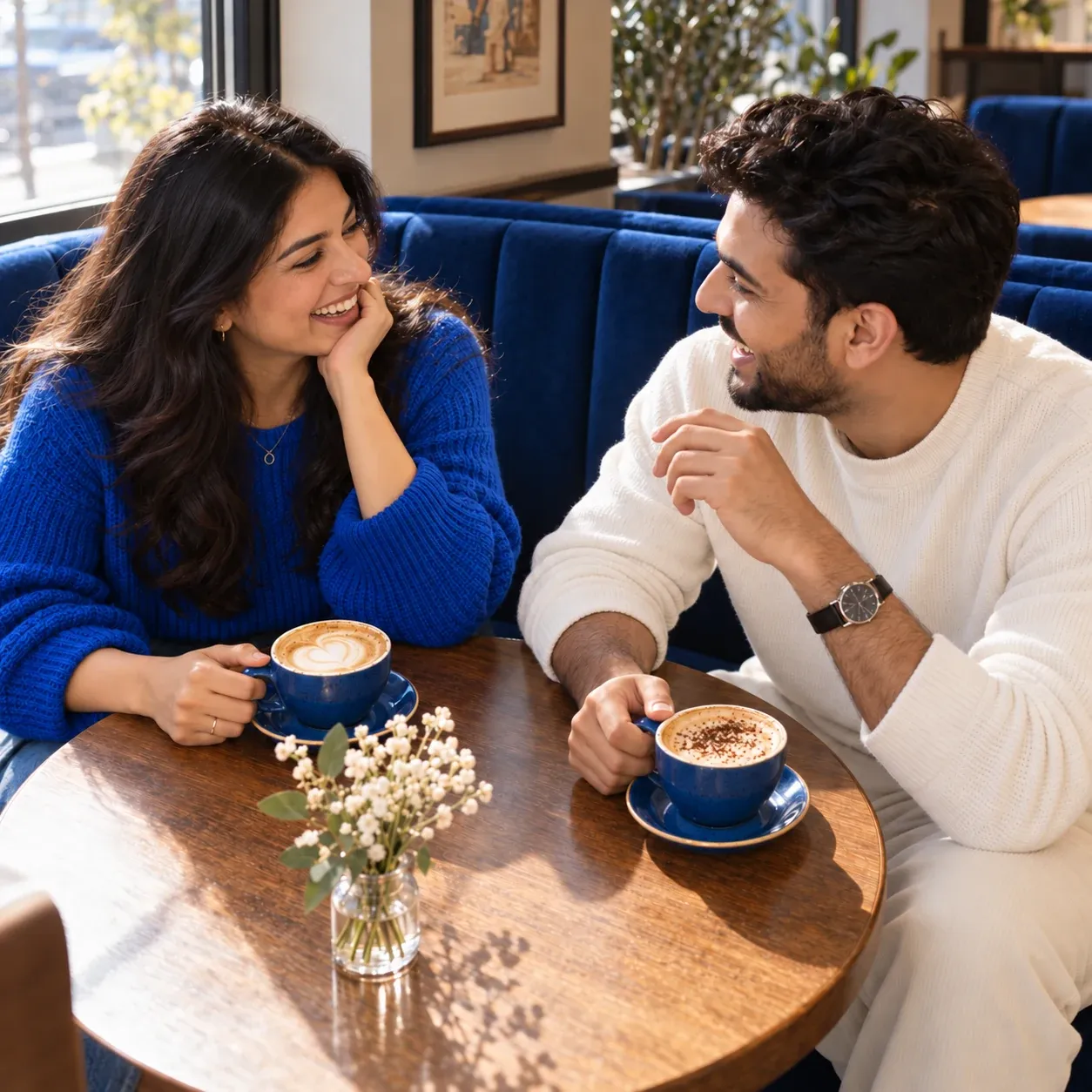 Two adults talking over coffee at a cafe.