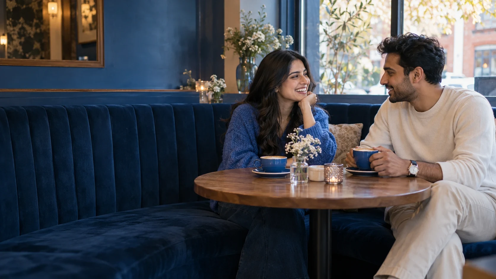 Two adults talking over coffee at a cafe.