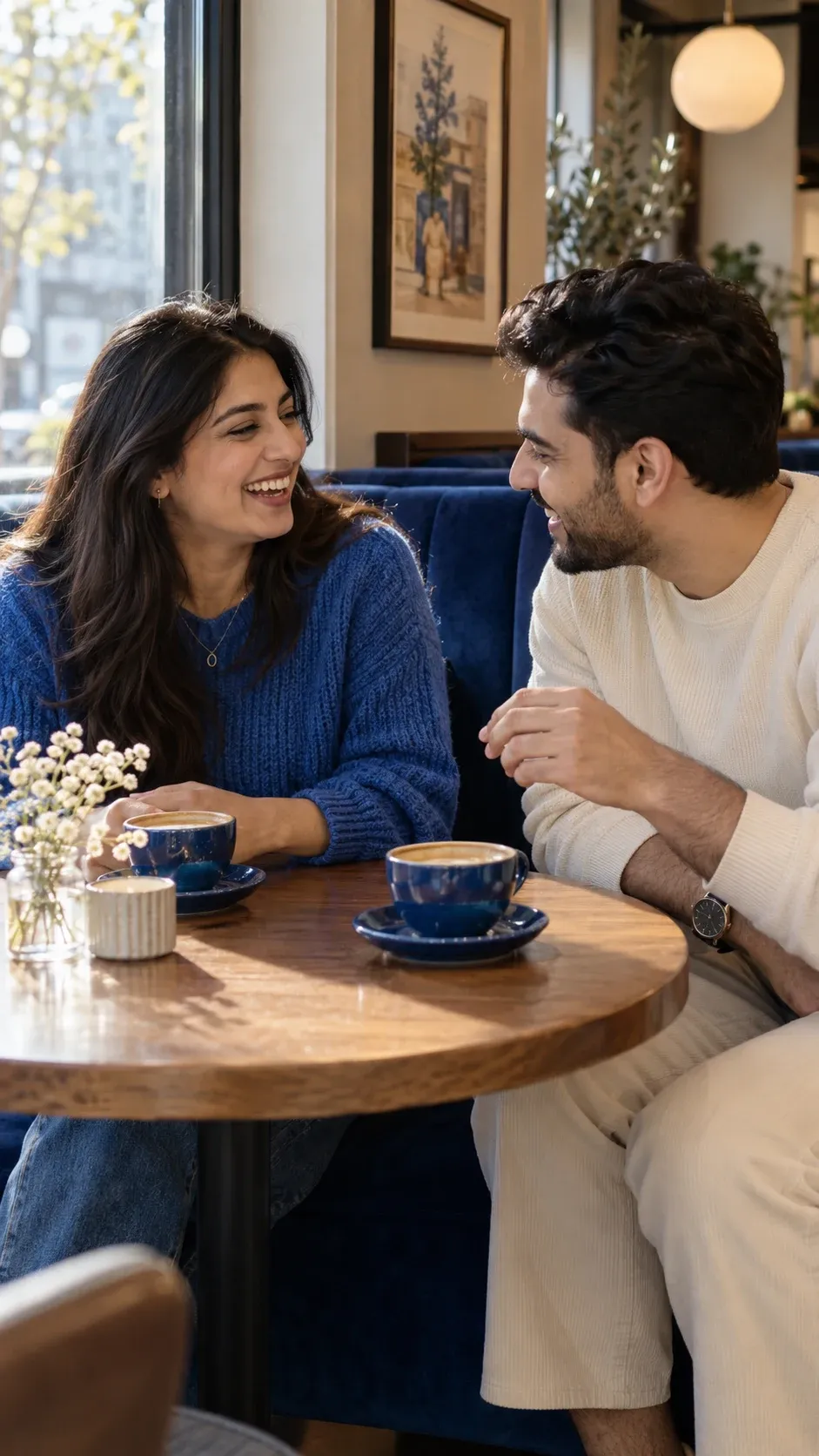 Two adults talking over coffee at a cafe.