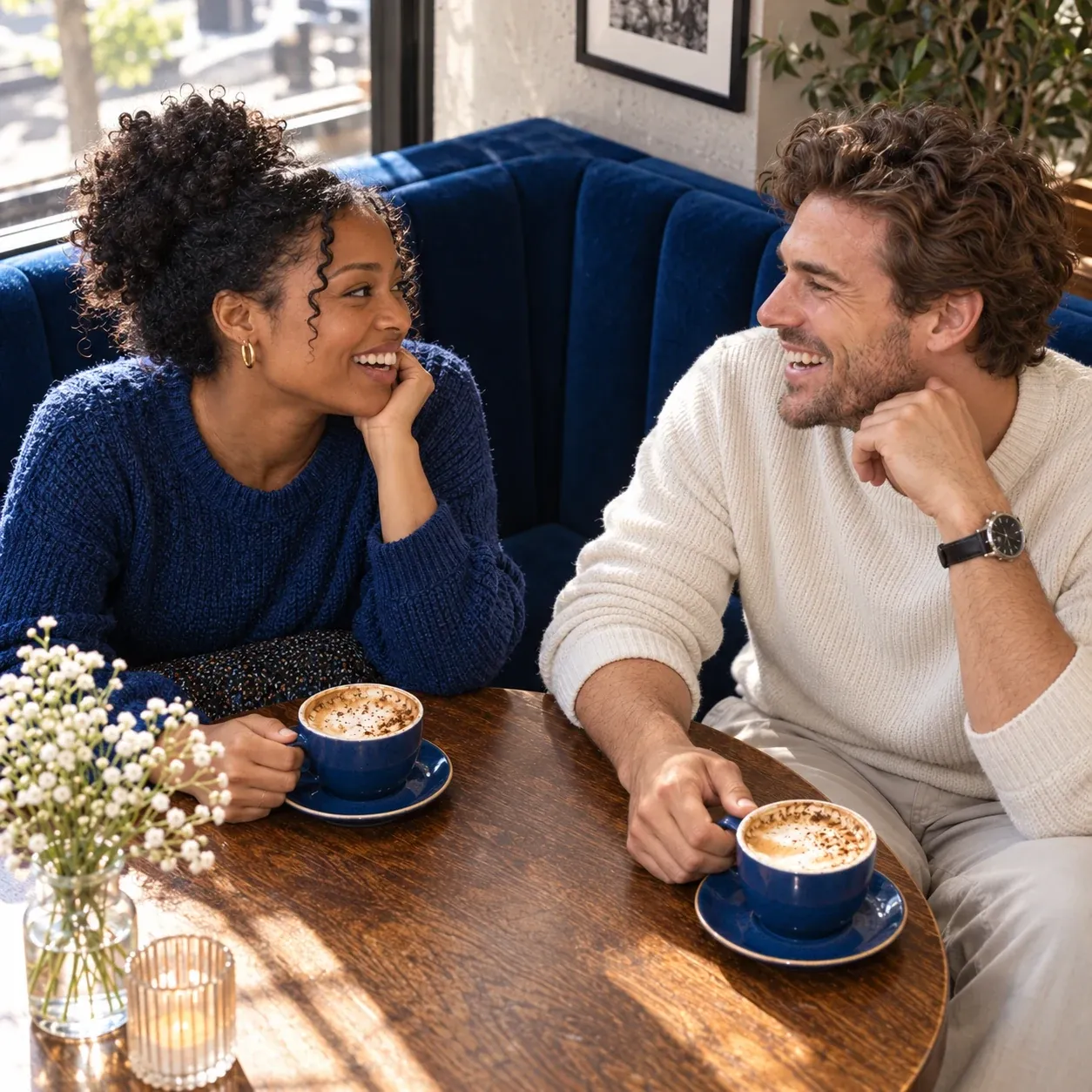 Two adults talking over coffee at a cafe.
