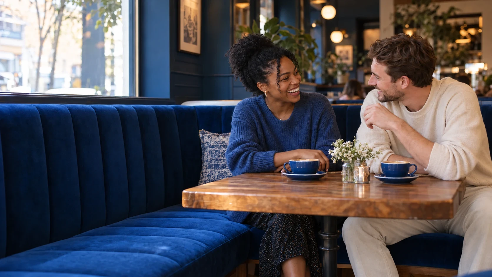 Two adults talking over coffee at a cafe.