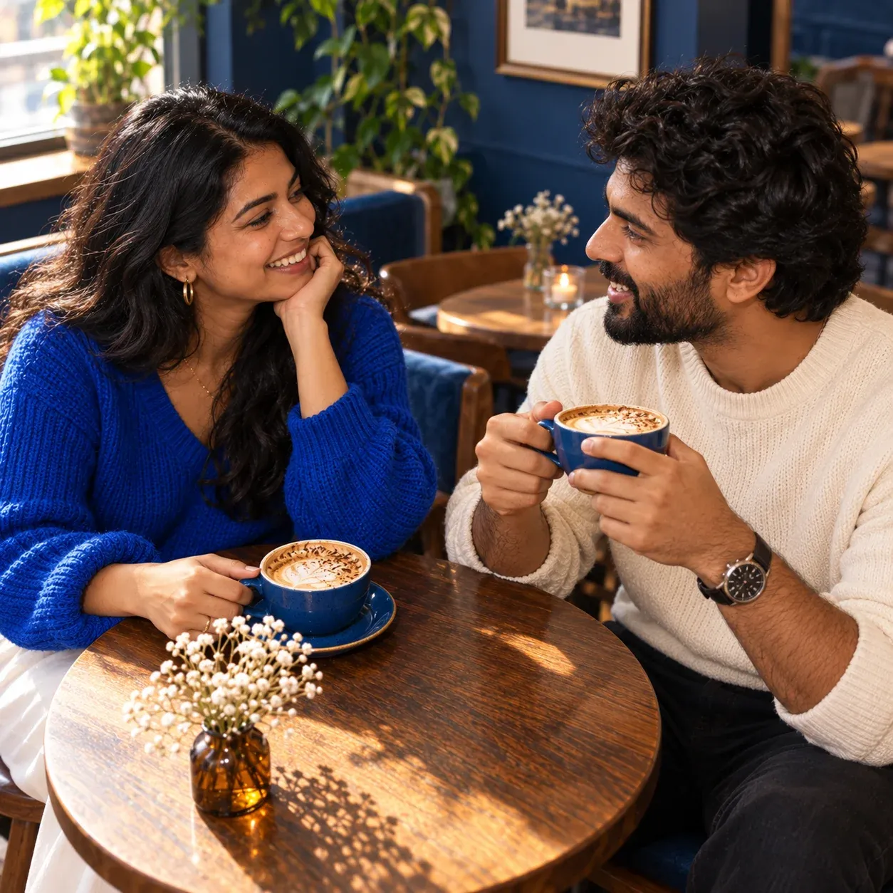 Two adults talking over coffee at a cafe.