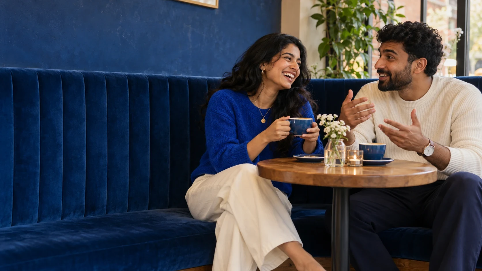 Two adults talking over coffee at a cafe.