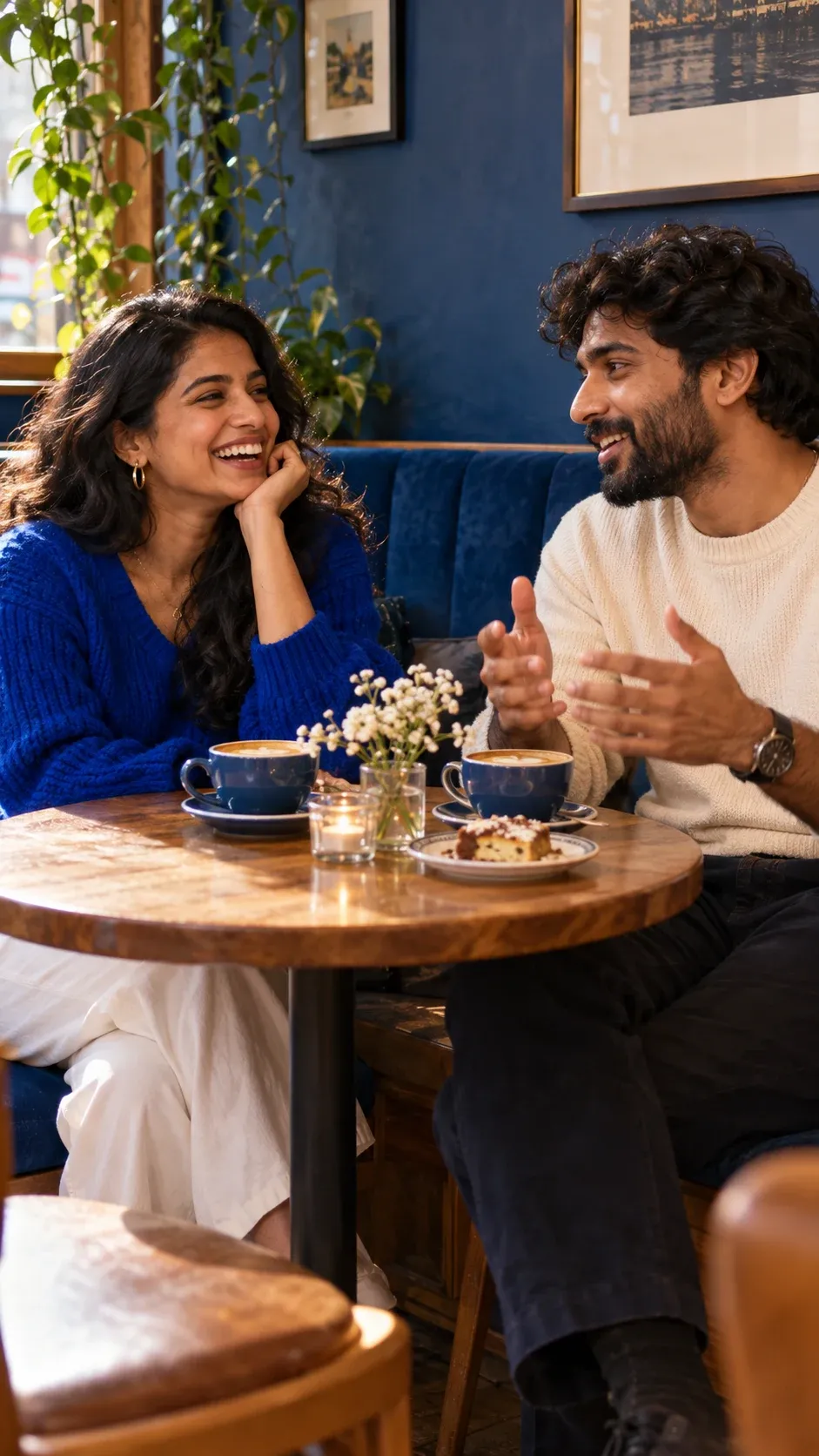Two adults talking over coffee at a cafe.