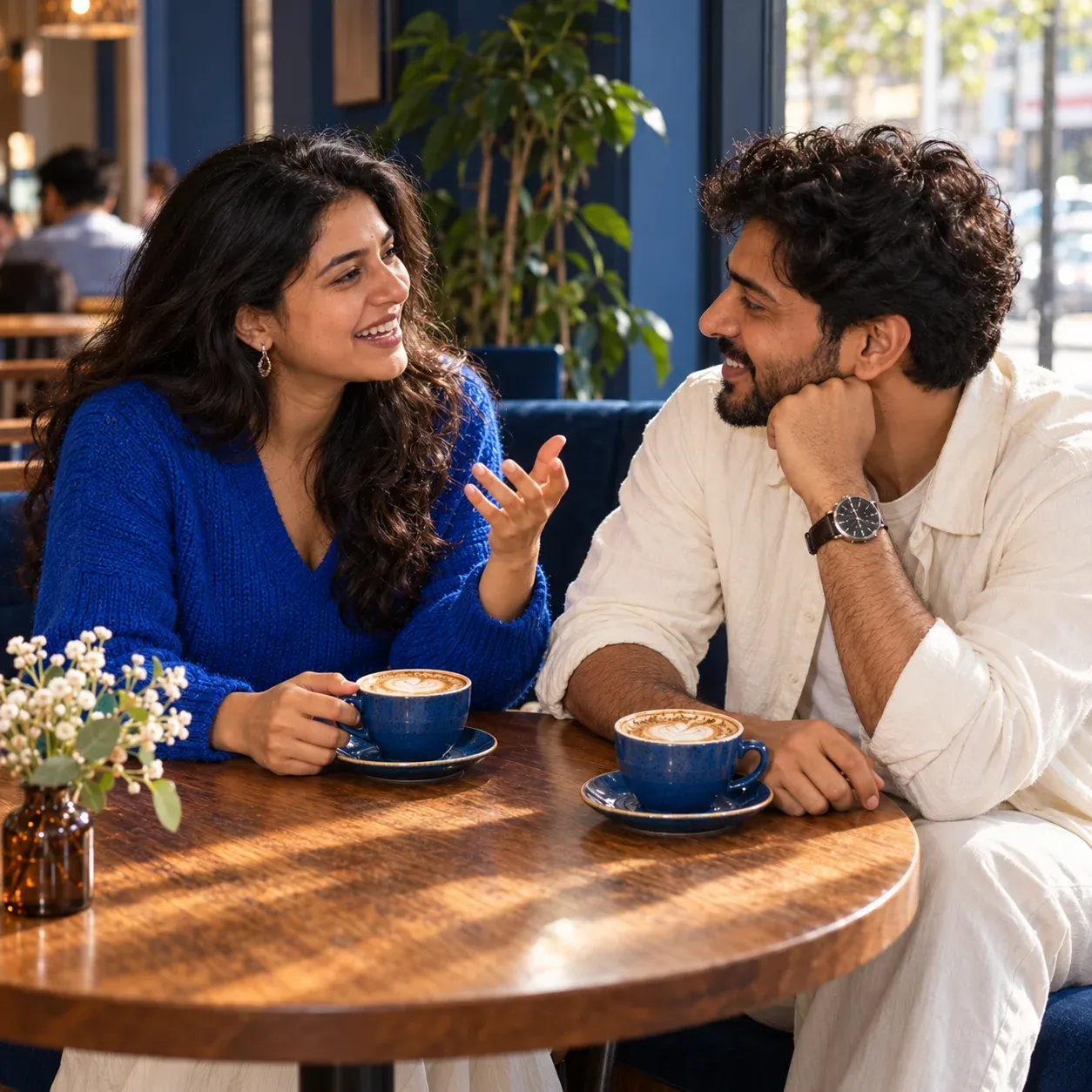 Two adults talking over coffee at a cafe.