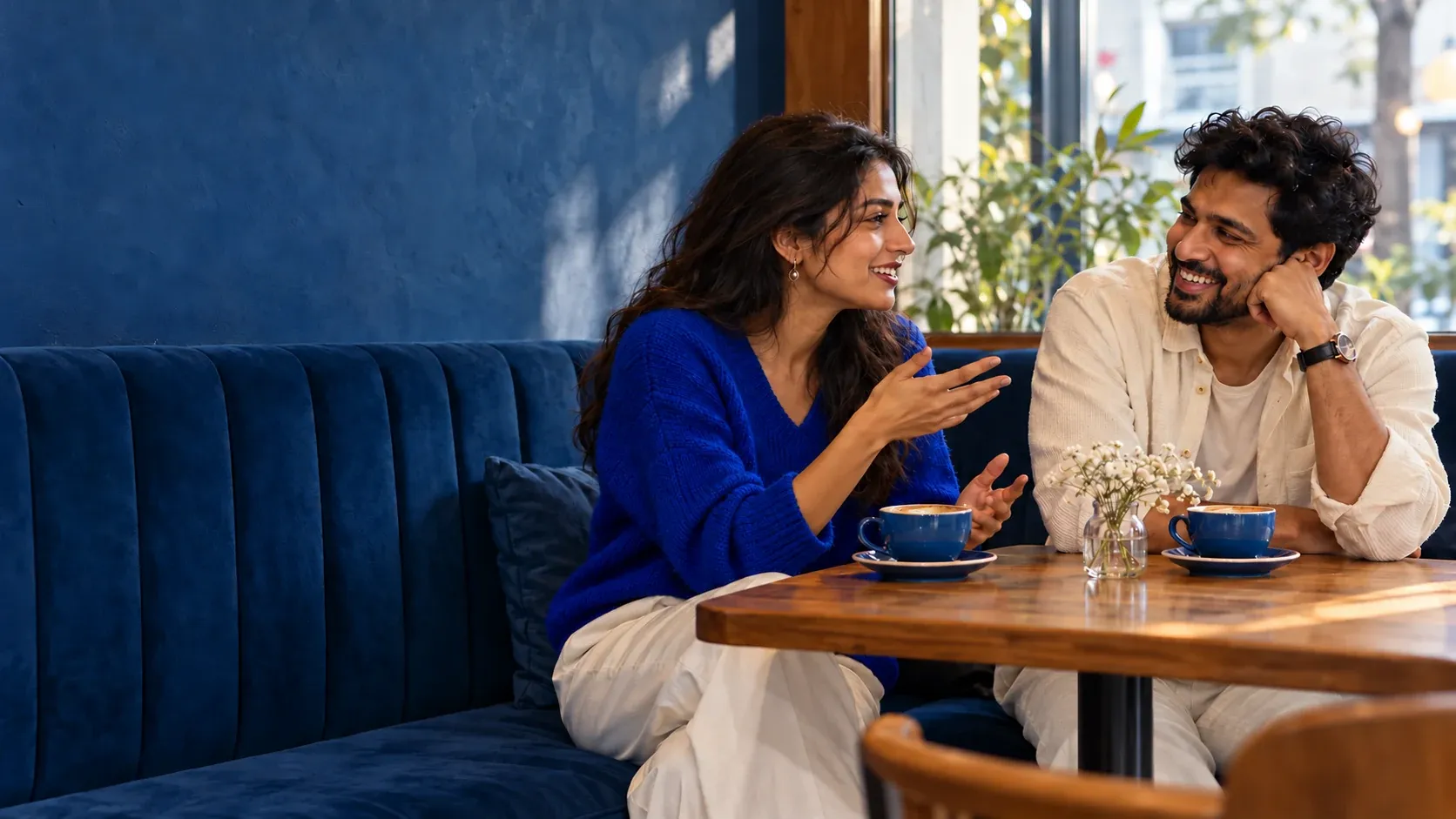 Two adults talking over coffee at a cafe.