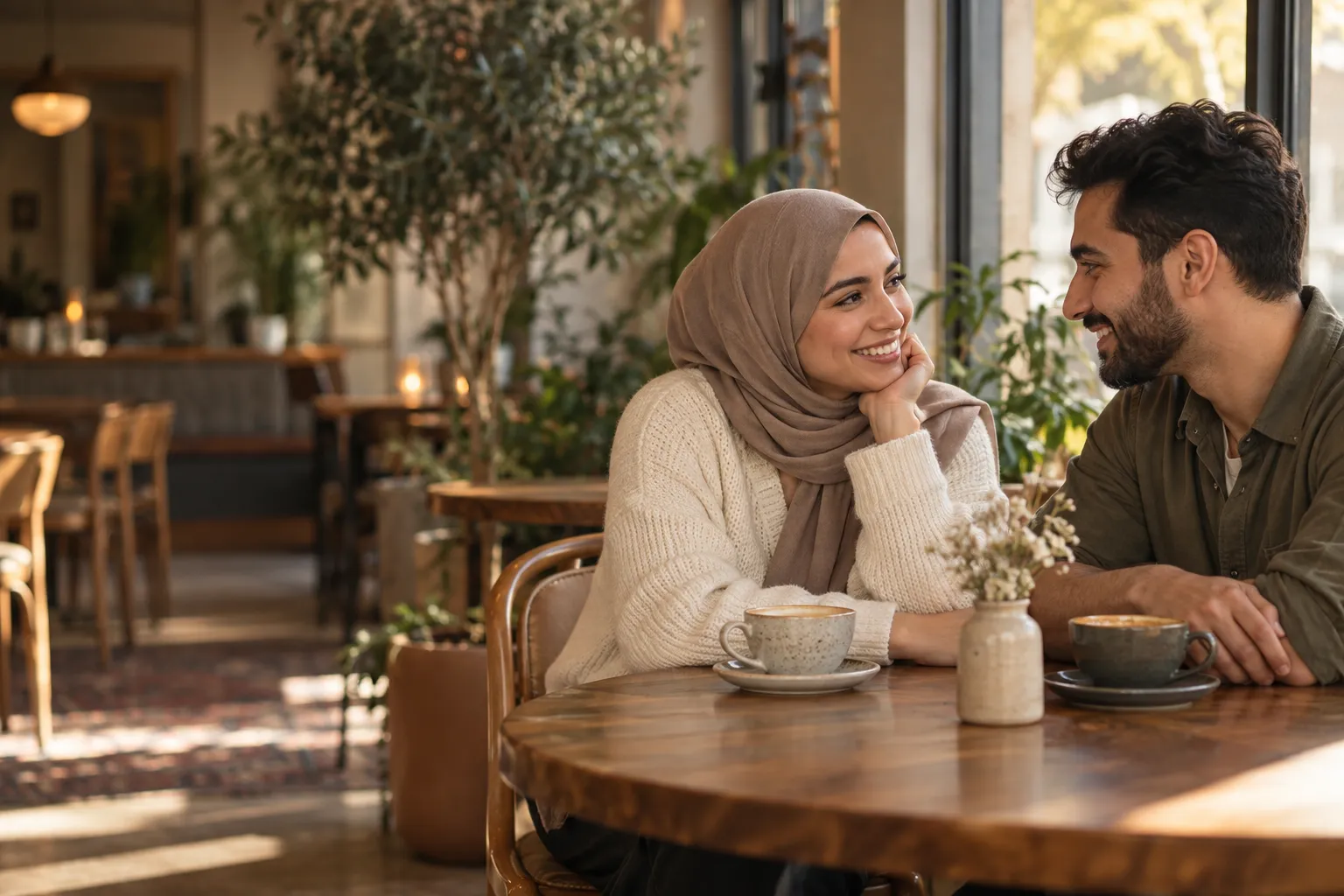 An illustrative one-to-one coffee date at a neighbourhood café.