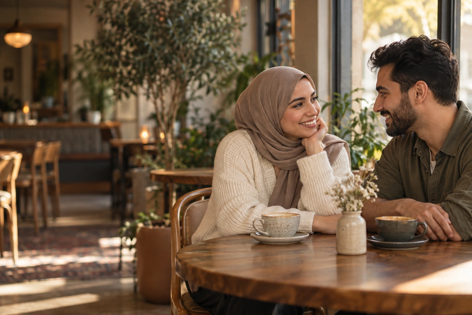 An illustrative one-to-one coffee date at a neighbourhood café.