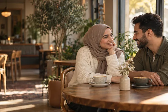 An illustrative one-to-one conversation over coffee in a bright café.
