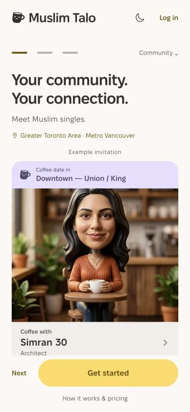 Actual Expo Welcome screen: a fictional Muslim introduction and its meeting area.