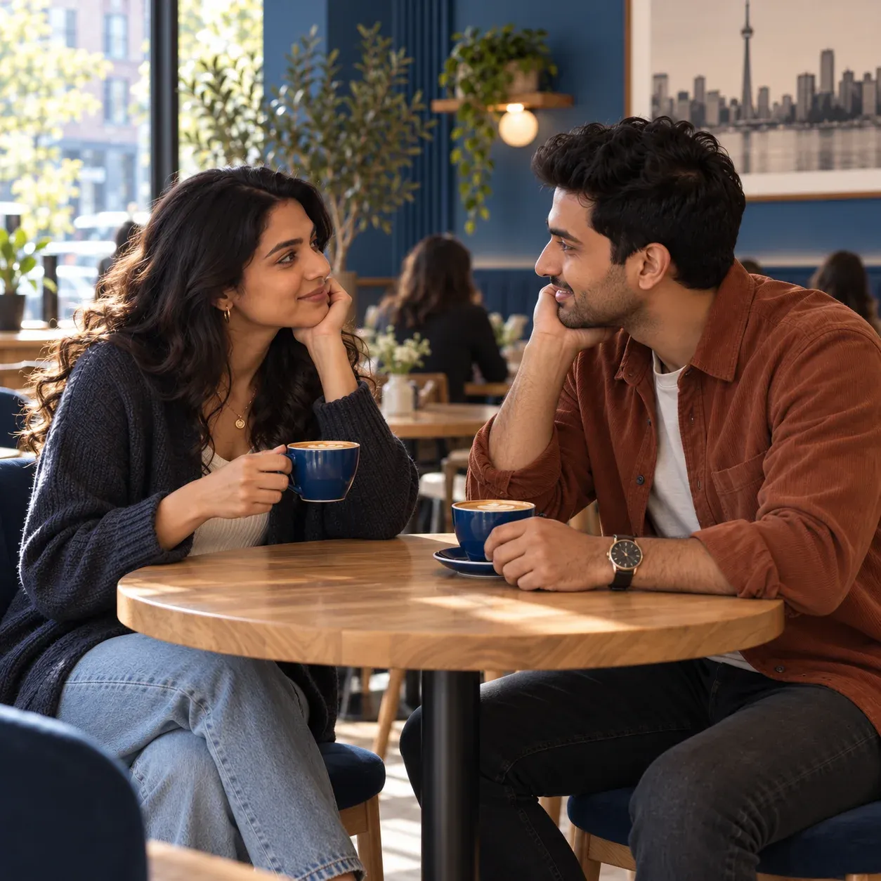 Two adults talking over coffee at a cafe.