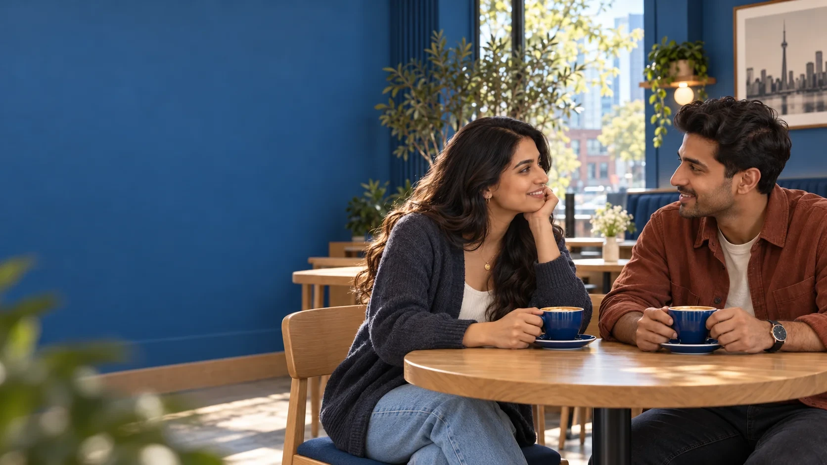 Two adults talking over coffee at a cafe.