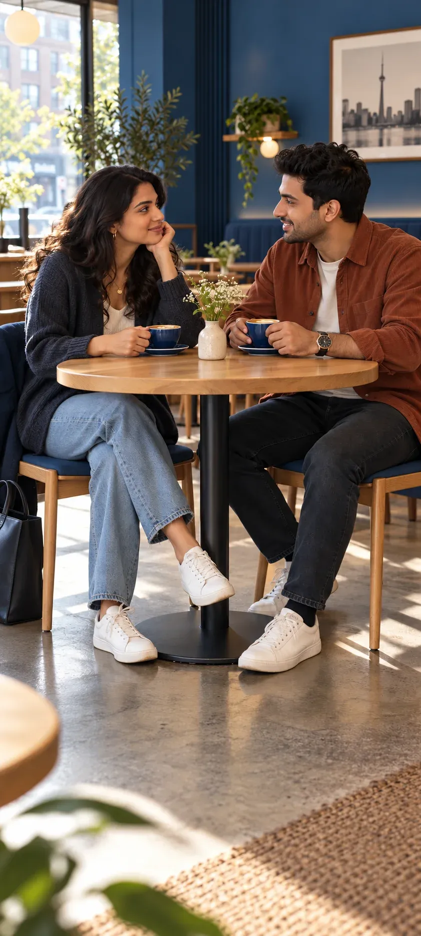 Two adults talking over coffee at a cafe.