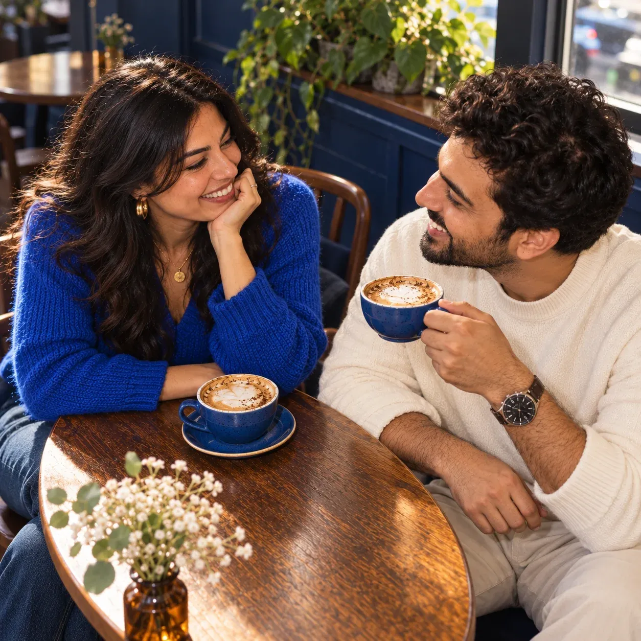 Two adults talking over coffee at a cafe.