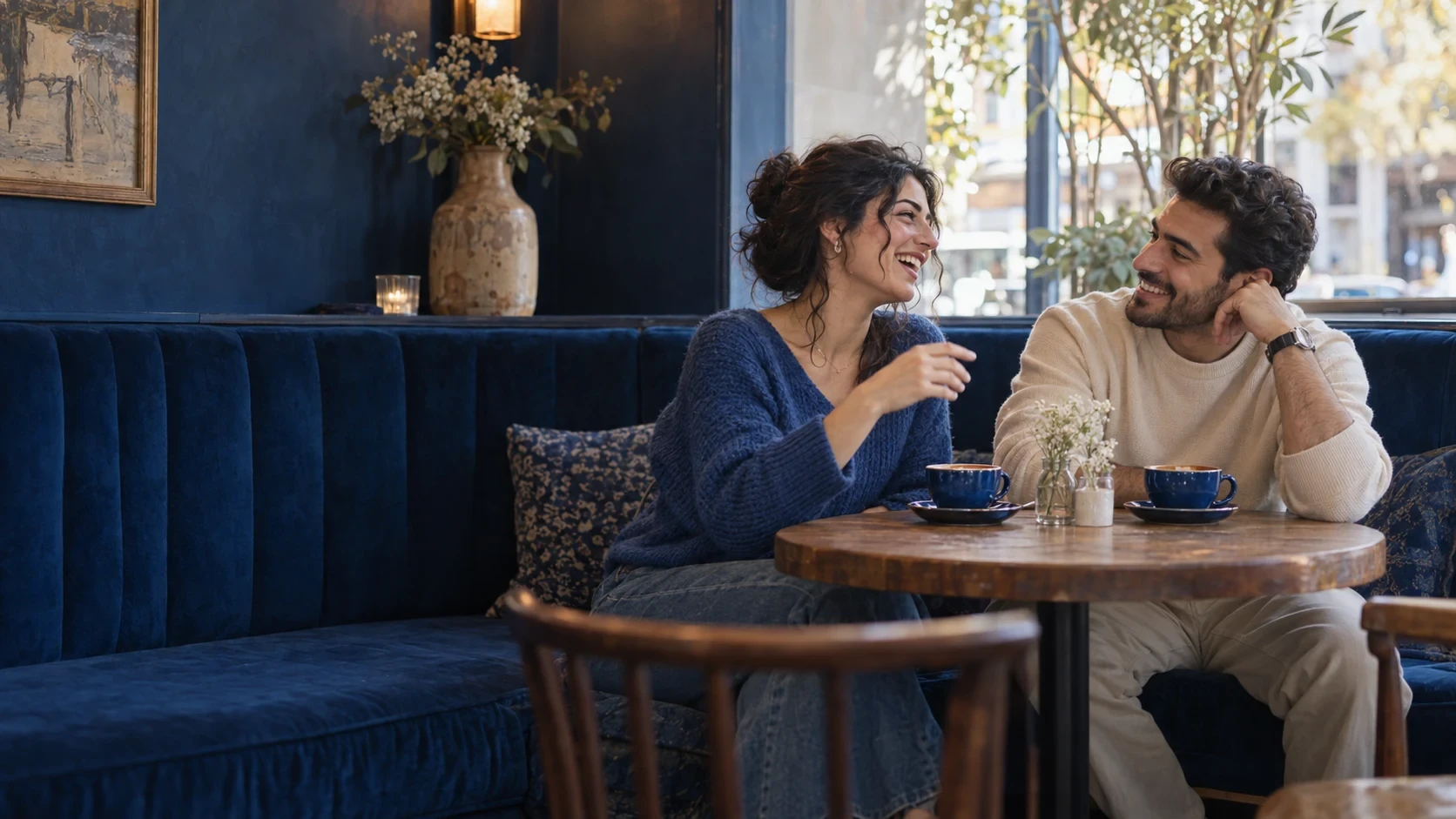 Two adults talking over coffee at a cafe.
