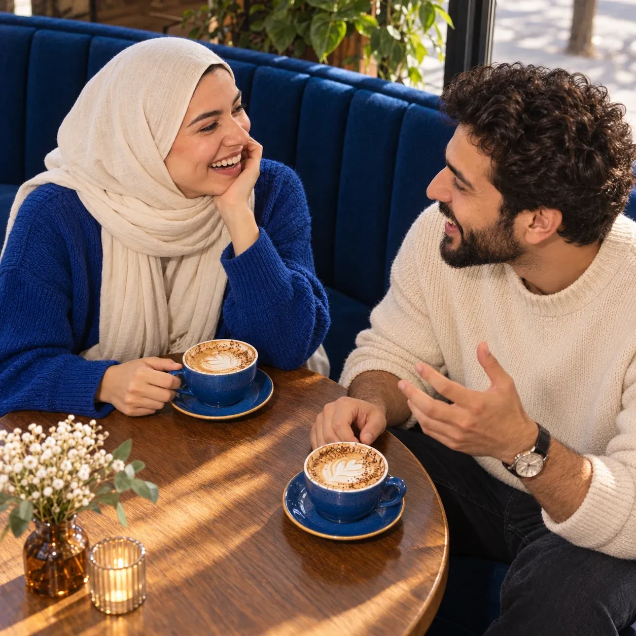 Two adults talking over coffee at a cafe.