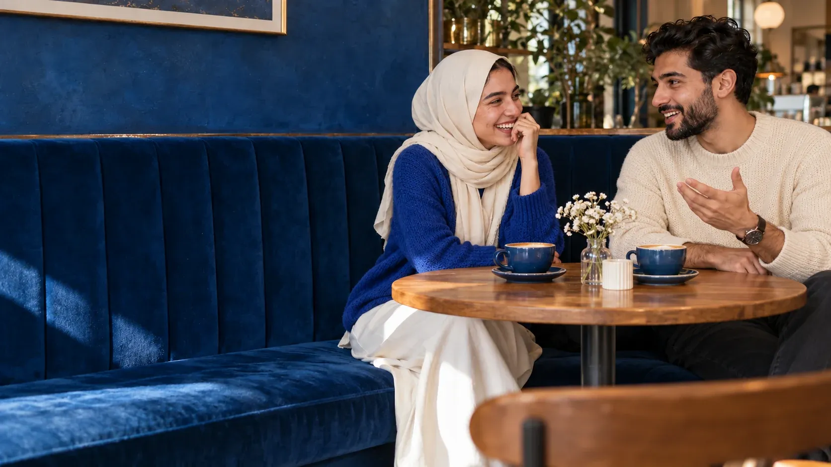 Two adults talking over coffee at a cafe.