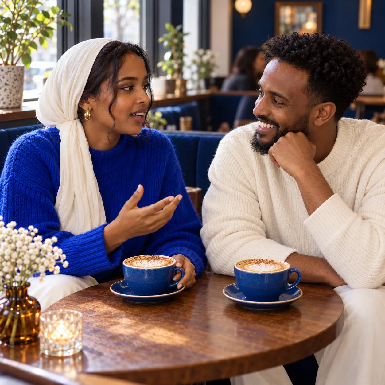 Two adults talking over coffee at a cafe.