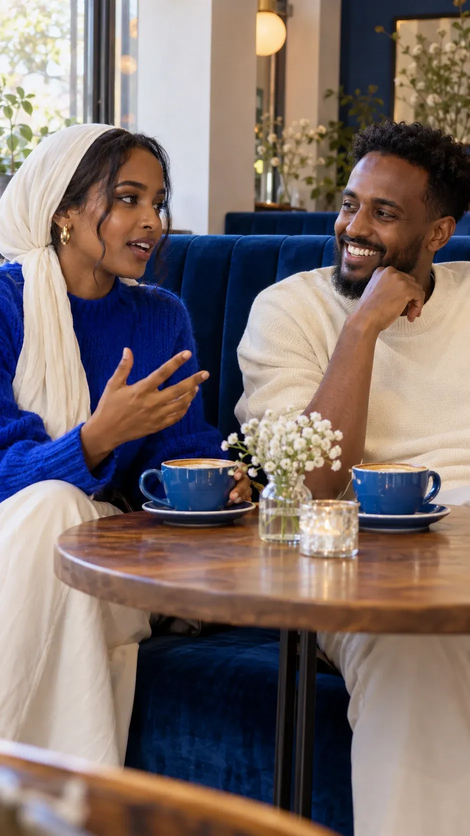 Two adults talking over coffee at a cafe.